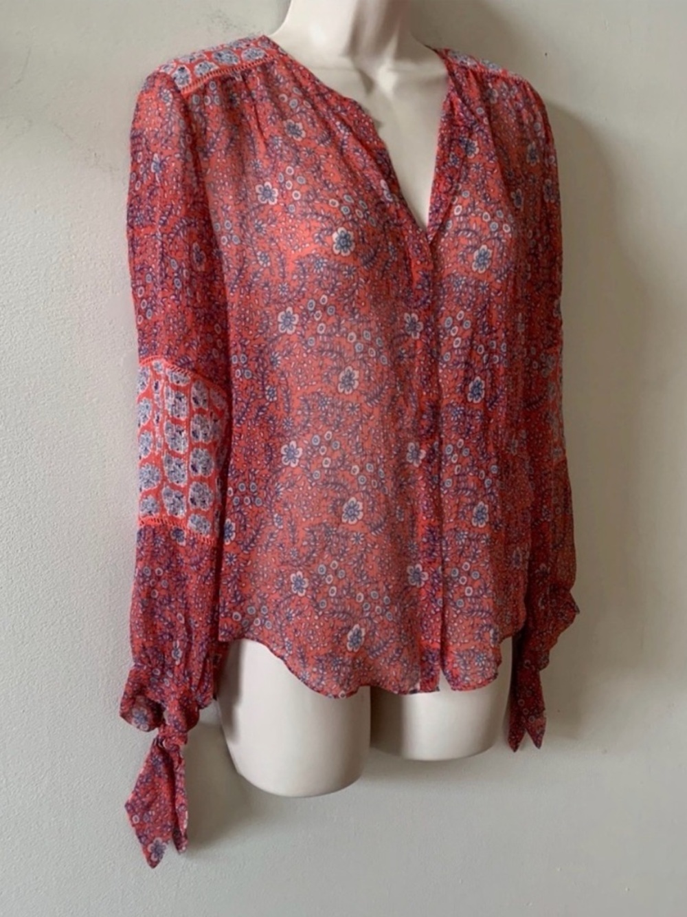 Rebecca Taylor Silk Boho Floral Blouse Tie Sleeve Romantic Top 4 - Picture 5 of 9